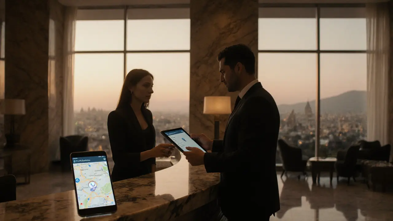 Client and escort exchange a tablet checklist in a hotel lobby with location‑share app visible.