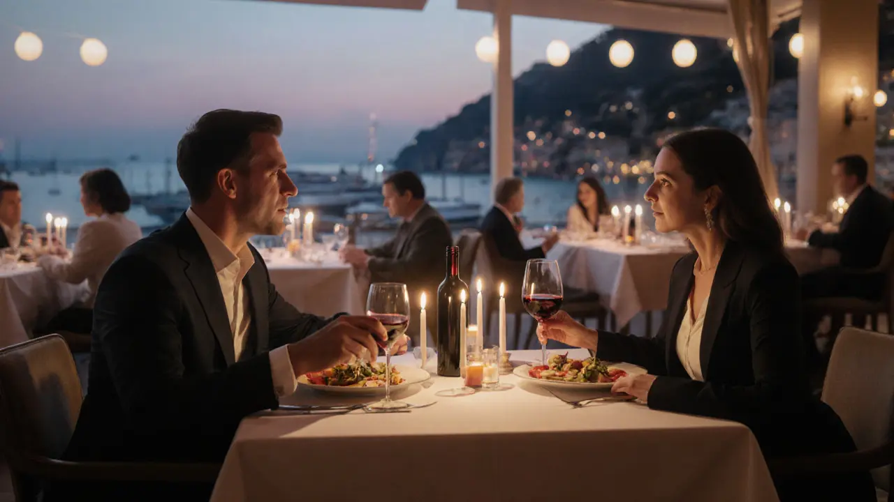 Companion and client enjoy a candlelit dinner with wine and city view, highlighting refined companionship.