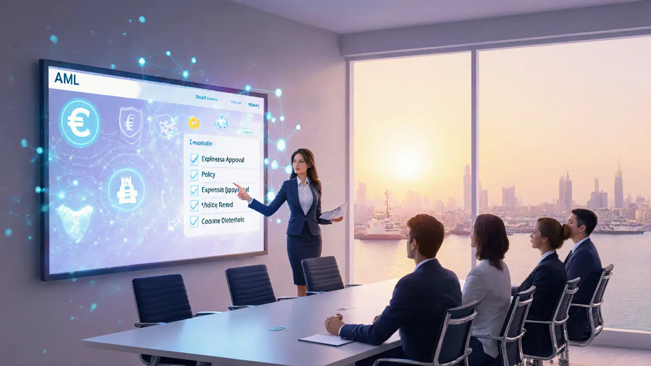 Corporate training room with executives and a glowing AML dashboard on a screen.