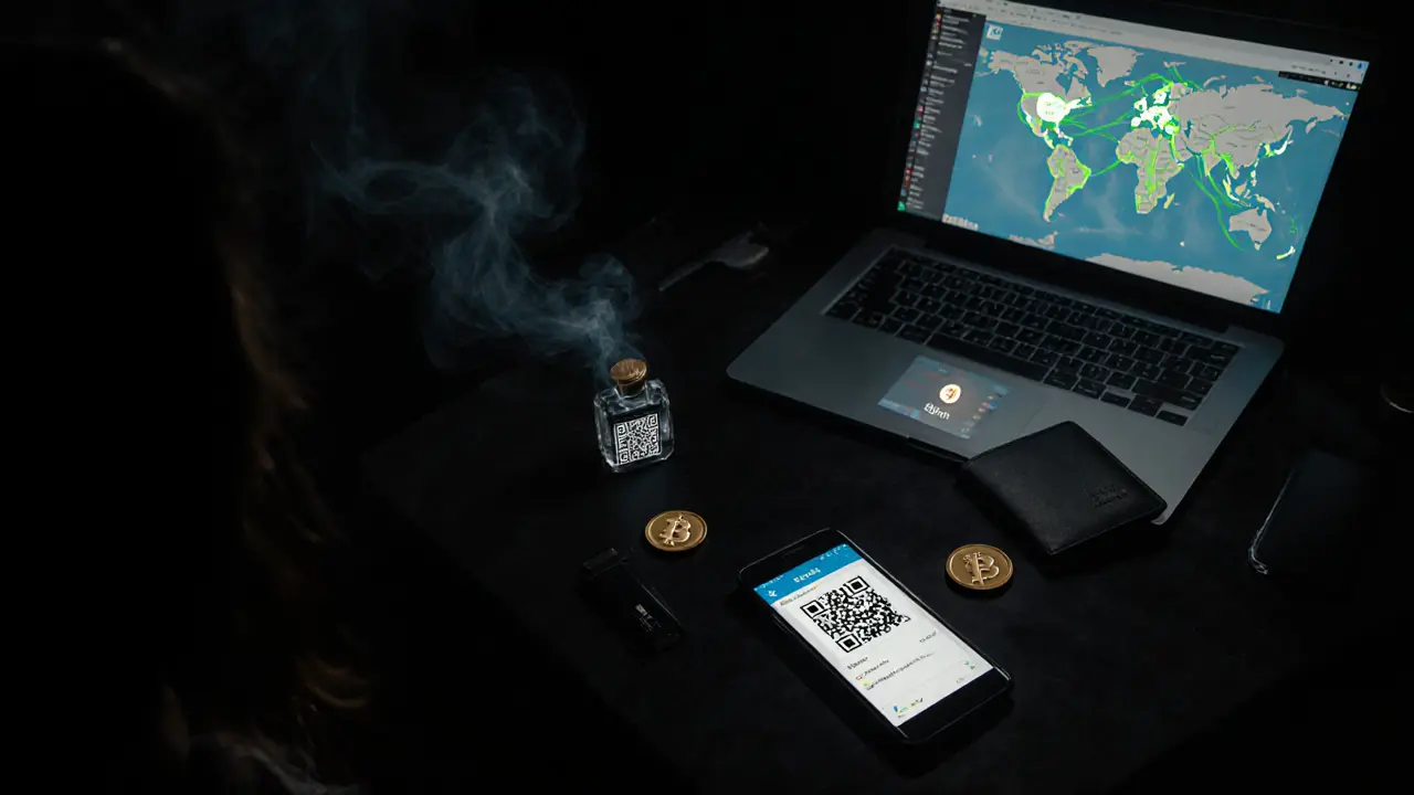 Dim work desk with phone, VPN screen, QR code and crypto symbols.