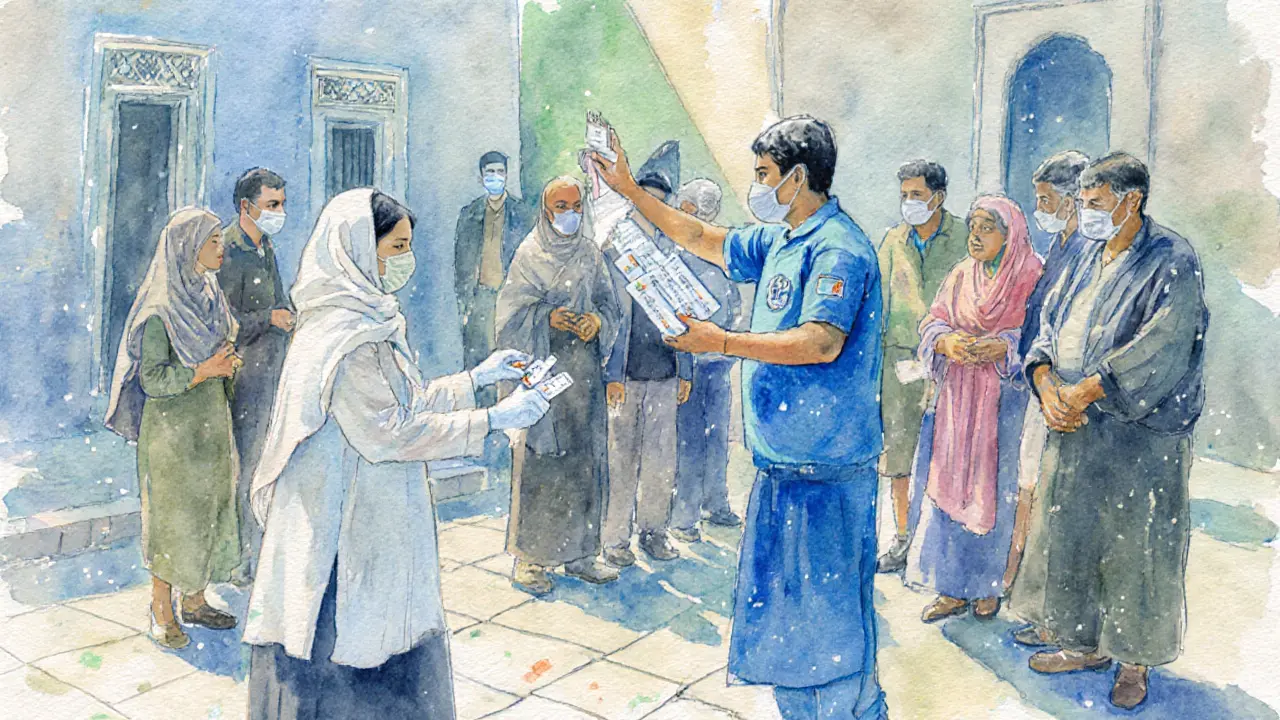Escort and NGO volunteer distributing rapid COVID‑19 tests to civilians in Tripoli.
