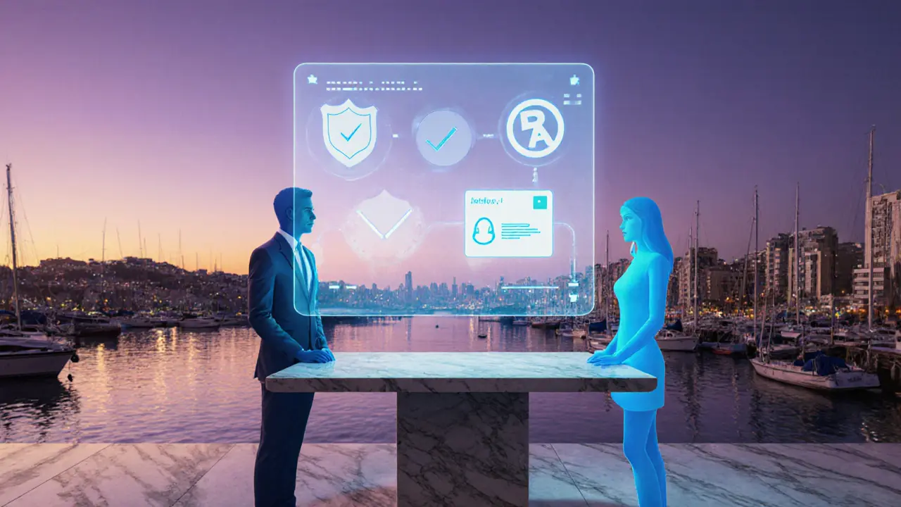Futuristic holographic interface over a table symbolizing regulated escort services in Beirut.