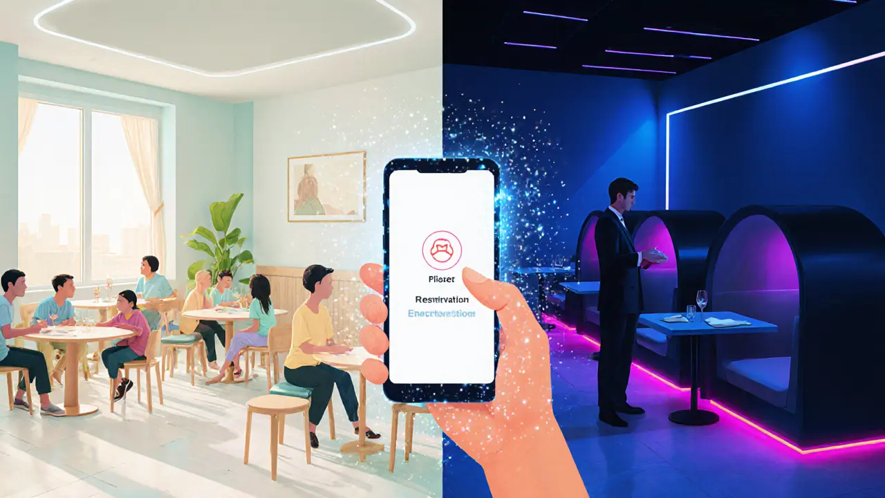 Futuristic hybrid café‑lounge showing daytime and nighttime scenes with a digital reservation app.
