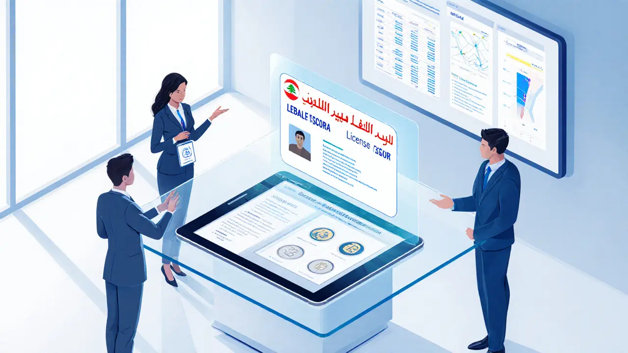 Futuristic office showing a digital escort license and crypto payment interface.