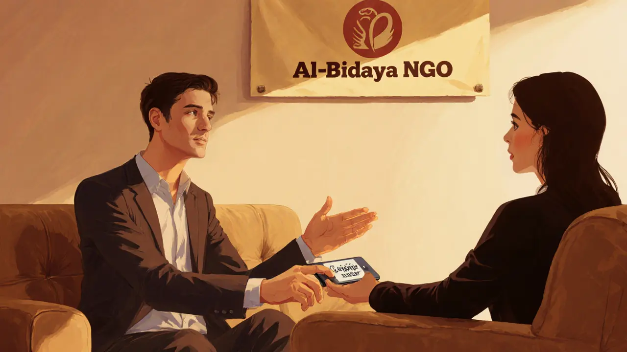 Lounge meeting with code‑word check‑in and NGO support banner, showing safety network.