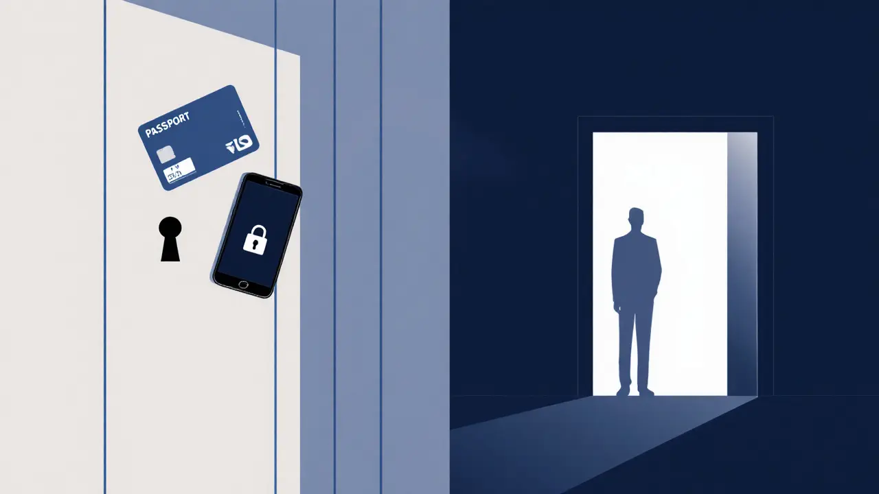 Minimalist image of a closed door, passport, card, and encrypted phone icon symbolizing privacy.