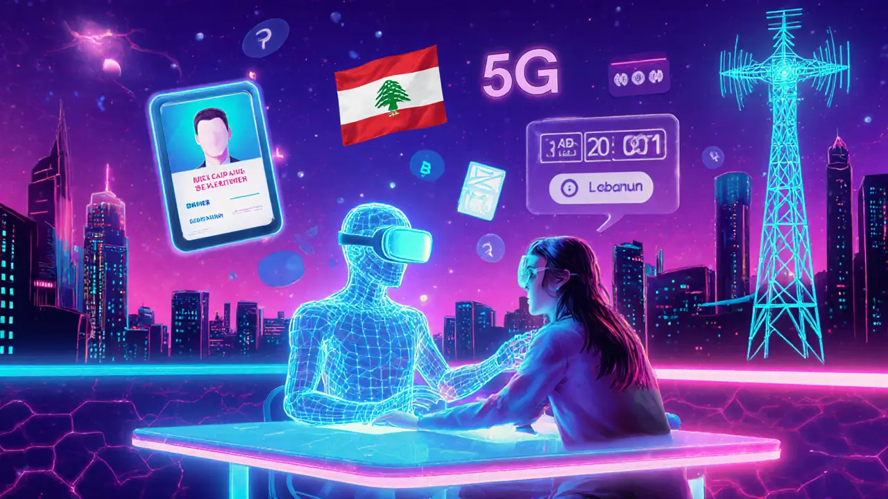 Neon cyberpunk scene of an AI avatar interacting via VR and blockchain ID.