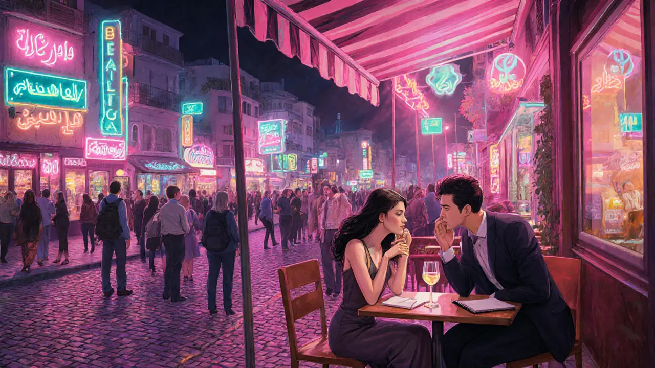 Nighttime street in Beirut with tourists and a discreet meeting between an escort and client.