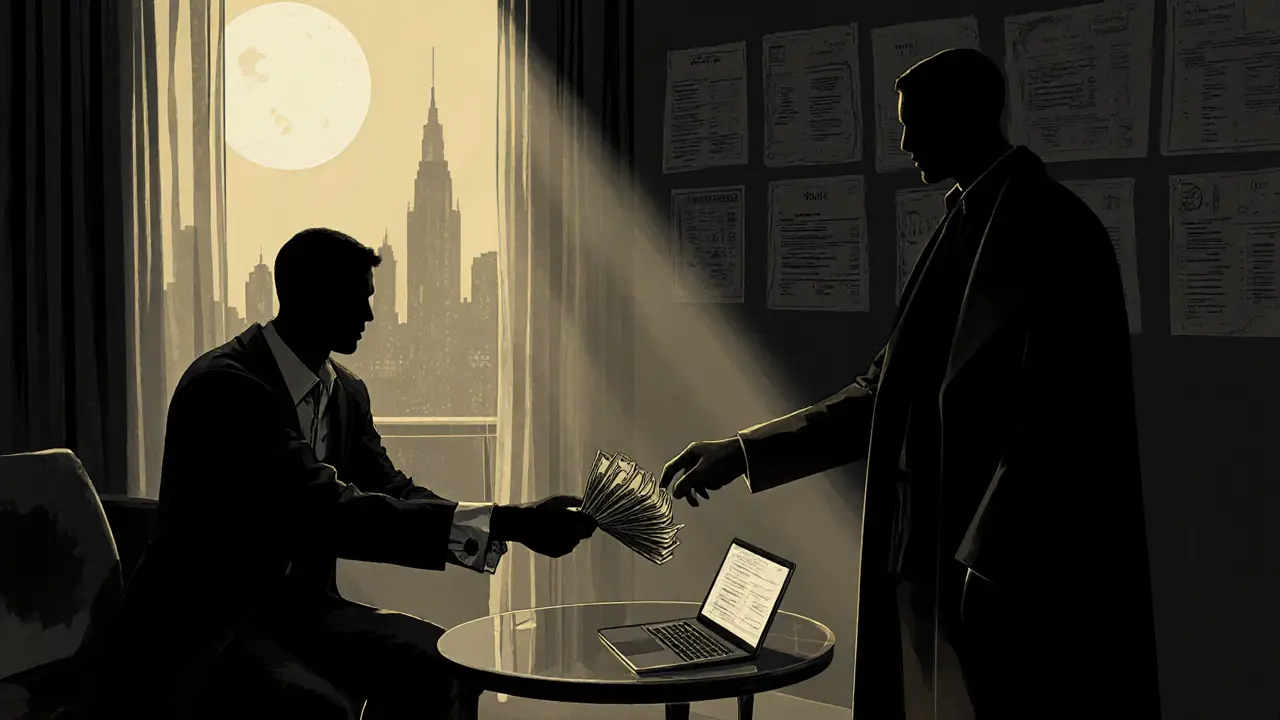 Shadowy apartment scene of cash exchange between a man and an escort, with property deeds and a laptop.