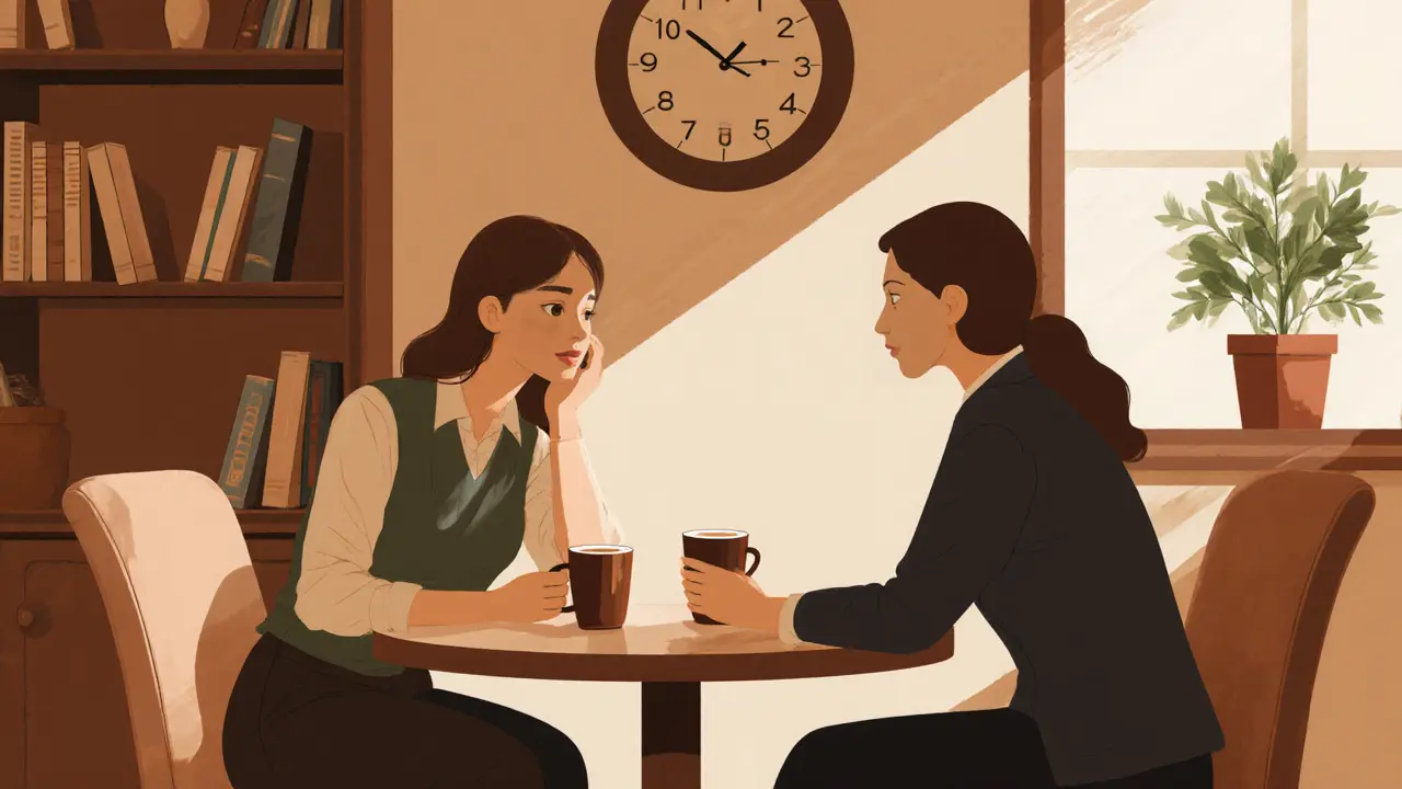 Teacher and escort sharing a supportive conversation over coffee in a cozy café.