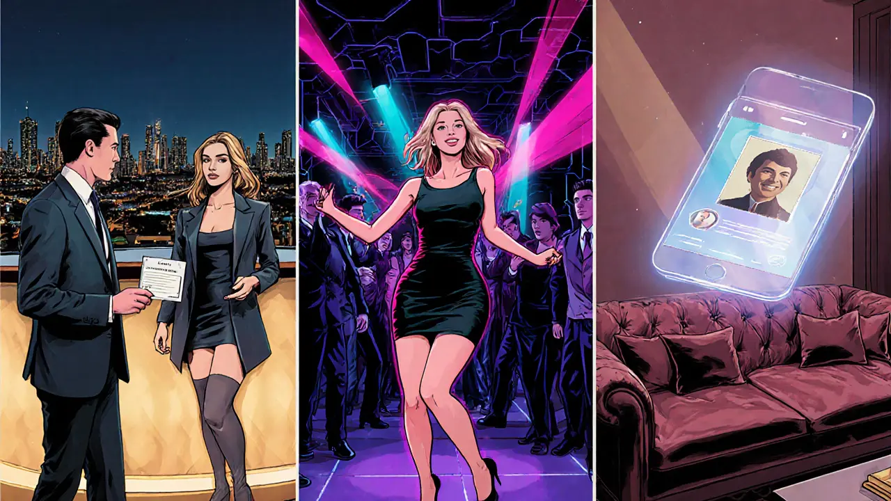 Three panels showing escort scenarios: rooftop agency booking, techno club freelancer, hotel digital match.