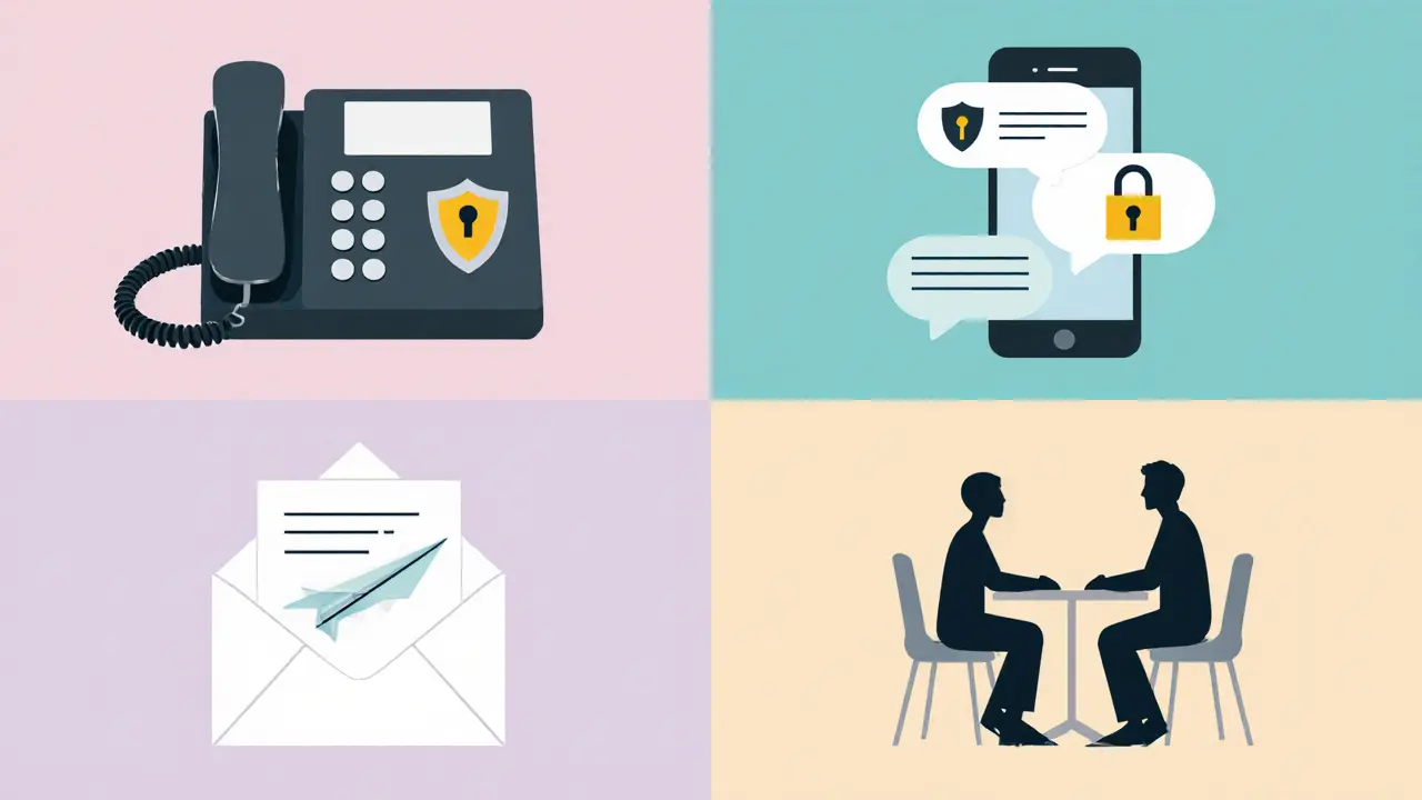 Vector collage showing phone call, encrypted messaging, email, and in‑person meeting.